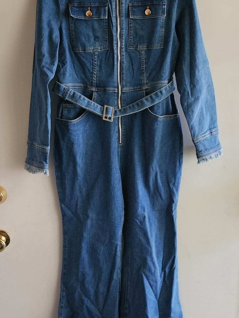 Denim Long-Sleeve Belted Jumpsuit - Blue